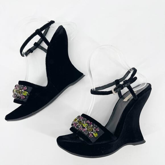 Vintage Prada Black Velvet Jeweled Embellished Platform Wedge Heel Sandals IT 37 - Picture 4 of 10